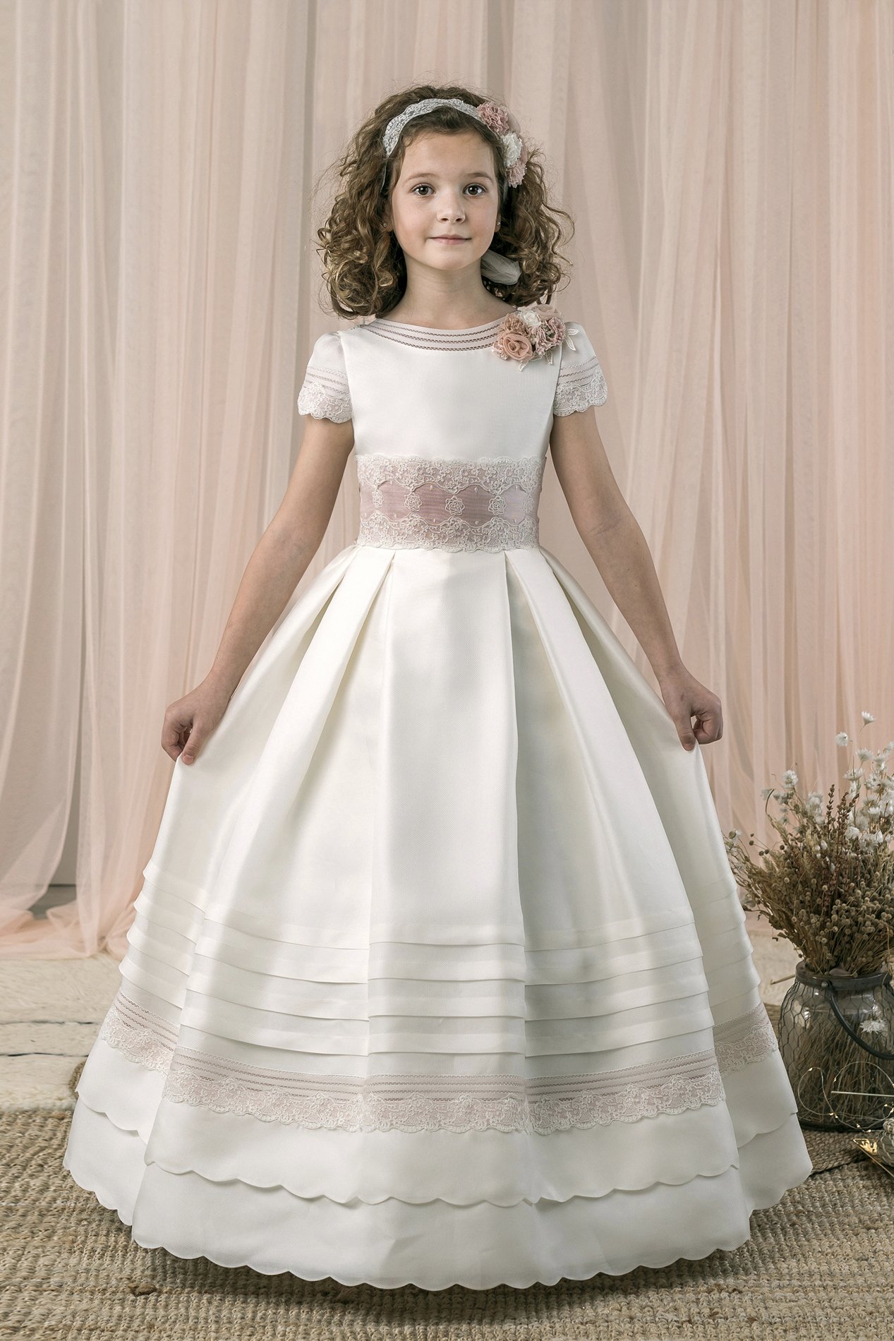 Vestido comunión seda natural – Rosas Rosa